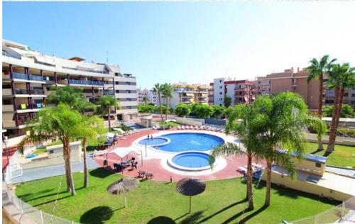 a large swimming pool with palm trees and buildings at WONDERFUL APARTMENT IN CANET DE BERENGUER. VALENCIA in Valencia