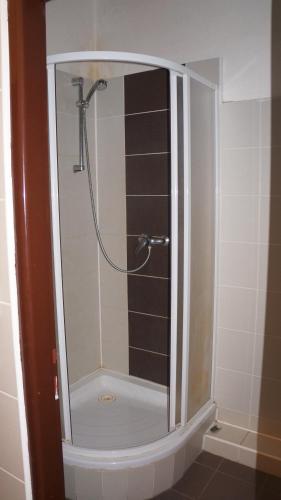 una ducha con puerta de cristal en un baño en Ubytovací areál Rouchovany, en Rouchovany