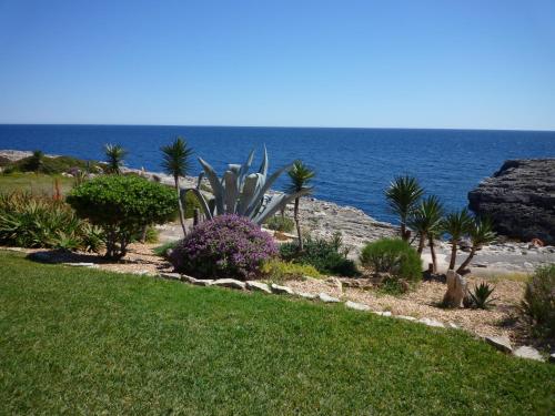 a garden with a view of the ocean at Apartamentos Parque Mar in Cala d´Or