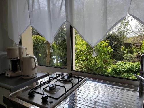 Il comprend une cuisine équipée d'une cuisinière. four supérieur à côté d'une fenêtre dans l'établissement Gîte les Oliviers les HERBIERS, aux Herbiers