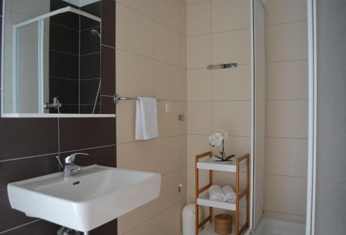 a bathroom with a sink and a shower at Villa Antea - modern house with pool in Pag