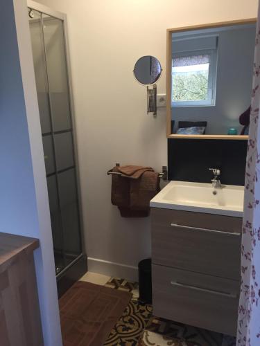 une salle de bain avec un lavabo et une douche dans l'établissement La Jackal, à Ploubezre