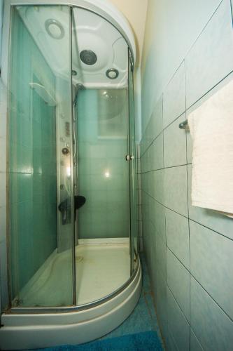 a shower with a glass door in a bathroom at Dobre ubytovanie in Piešťany