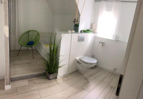 a bathroom with a toilet and a green chair at Ferienimspessart OG in Bad Soden-Salmünster