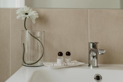 a white sink with a vase with a flower in it at Mirasassi in Matera