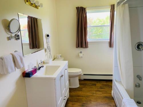 a bathroom with a sink and a toilet and a mirror at Fair Isle Motel in Charlottetown