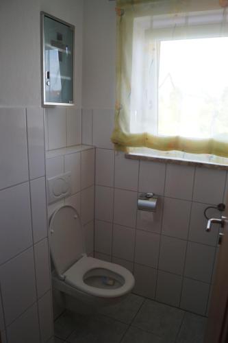 een kleine badkamer met een toilet en een raam bij Ferienwohnung Hofbauer in Hofkirchen
