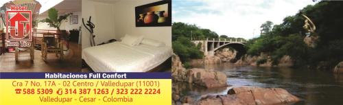 a collage of two pictures of a bed and a river at Hotel Nuevo Tio in Valledupar