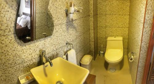 a bathroom with a sink and a toilet and a mirror at Cusco Inloft en pareja in Cusco
