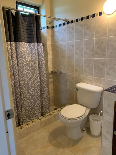 a bathroom with a toilet and a shower at Sana El Jardin Secreto in Santiago de los Caballeros