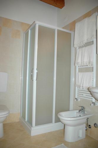 a bathroom with a shower and a toilet and a sink at Rose Rosse in Ca' di David