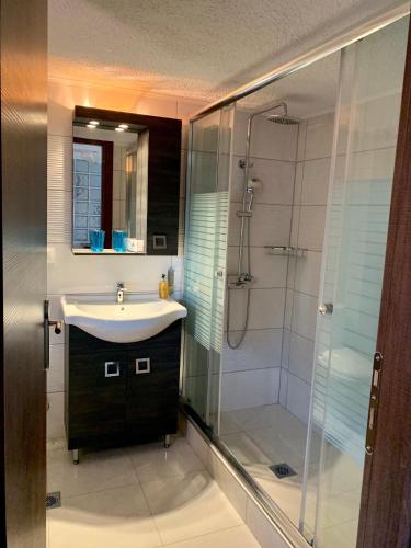a bathroom with a sink and a shower at Villa Fourka 2 on the beach in Fourka