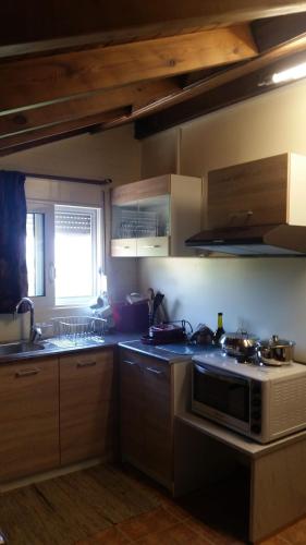 a kitchen with a stove and a microwave at Alexandra Homestay in Kalavárda