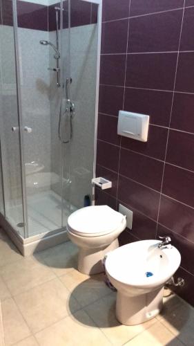 a bathroom with a toilet and a glass shower at TAnoelvira in San Lorenzo