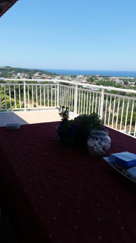 a balcony with two potted plants and a white fence at Alexandra Homestay in Kalavárda