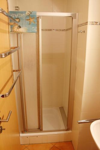 a shower with a glass door in a bathroom at Haus Windrose App. 3 in Butjadingen