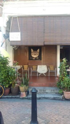 a building with a cat sign on the side of it at Cocoa Mews Cafe and Homestay in George Town