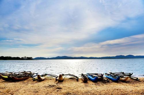 a group of boats on the shore of a body of water at Muwan Palassa Resort in Minneriya