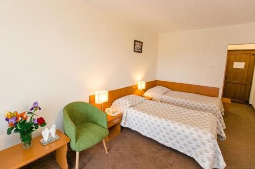 ein Hotelzimmer mit 2 Betten und einem Stuhl in der Unterkunft Hotel Poienița in Baile Felix