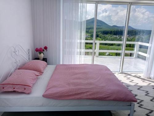 1 cama en un dormitorio con ventana grande en Cosy House, en Berkhomet-pe-Siret