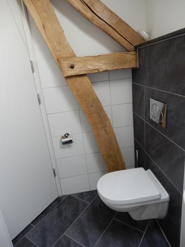 a bathroom with a white toilet and wooden beams at De Schuur in Walem