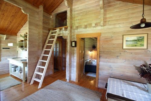 una habitación con una escalera en una cabaña de madera en Viesu mājas Briedīši, en Raiskums