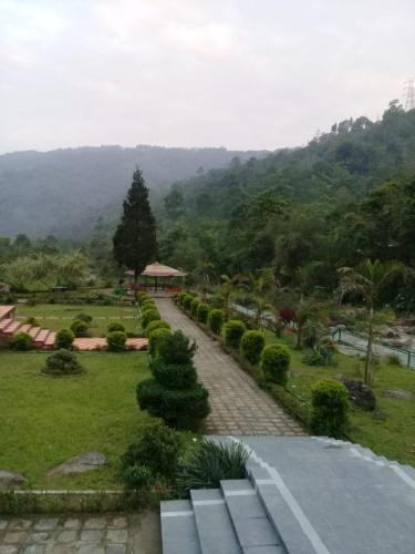 una vista de un parque con una montaña en el fondo en Vamoose Jharna Tabakoshi, en Mirik