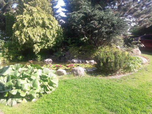 a garden with a pond with flowers and plants at Apartament Reda z prywatną sauną lub antresolą in Reda