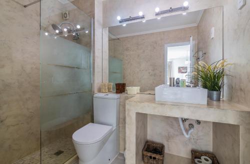 a bathroom with a toilet and a shower and a sink at The Old Village, Prestige and Solar by Village 4U in Vilamoura