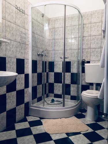 a bathroom with a shower and a toilet and a sink at Moto klub Brod in Slavonski Brod