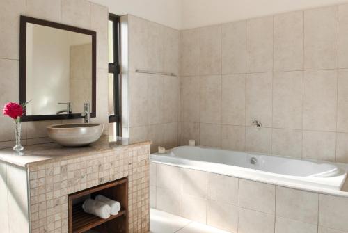 a bathroom with a tub and a sink and a mirror at Ama Casa Cottages in Champagne Valley