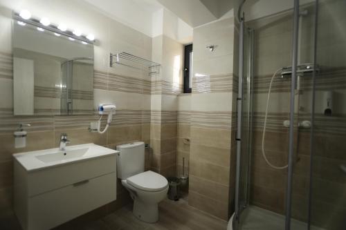 a bathroom with a toilet and a shower and a sink at Hotel Dedal in Mamaia Sat/Năvodari