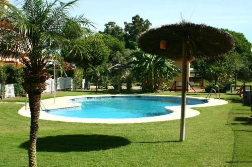 una piscina con sombrilla junto a una palmera en MyChoice Costa Atlántica by Bossh Apartments, en Rota