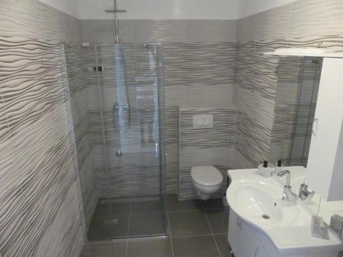 a bathroom with a shower and a toilet and a sink at Apartment Fran in Sonković