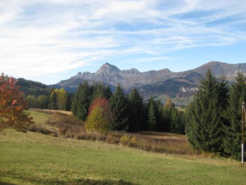 a field with trees and mountains in the background at La Ferme des Georgières "Séjour en tout compris" in Notre-Dame-de-Bellecombe