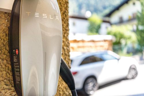 a surfboard attached to a tree with a car in the background at Hotel Alpenhof - New Sauna Area in Bad Hofgastein