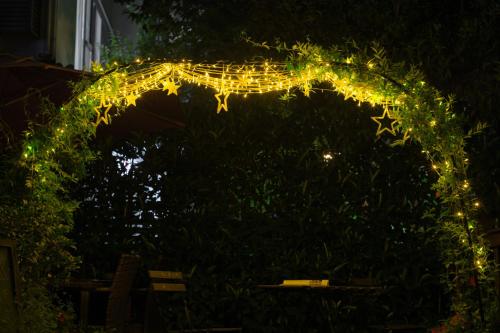 an arch with christmas lights in a garden at night at Han Xuan Boutique Hostel in Hangzhou
