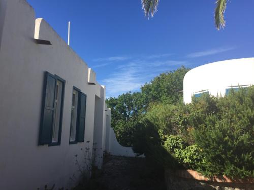 a white building with blue windows and plants on the side at Residenza Gherly in Capo Vaticano