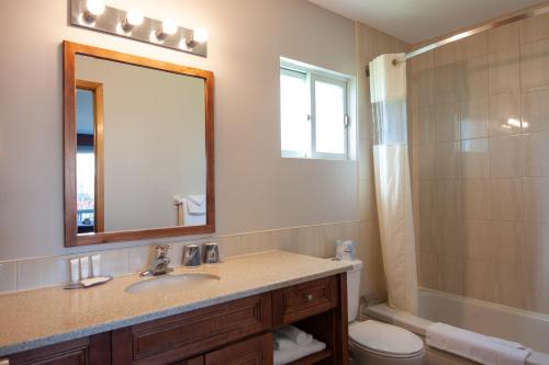 a bathroom with a sink and a mirror and a shower at Dutch Inn in Cornwall