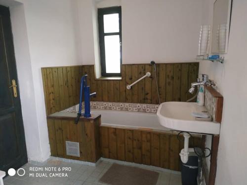 een badkamer met een bad en een wastafel bij Darutollas Vendégház in Ópusztaszer