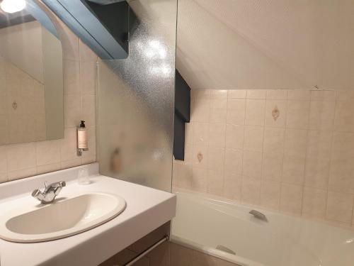 a bathroom with a sink and a bath tub at Ecole Hôtelière Hôtel d'Application in Saint-Chély-dʼApcher
