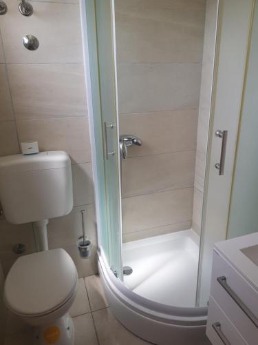 a small bathroom with a toilet and a shower at Studio Apartment Sanja 3 in Neum