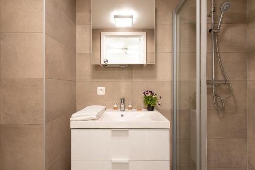y baño con lavabo blanco y ducha. en Royal Arts-Loi Studio, en Bruselas