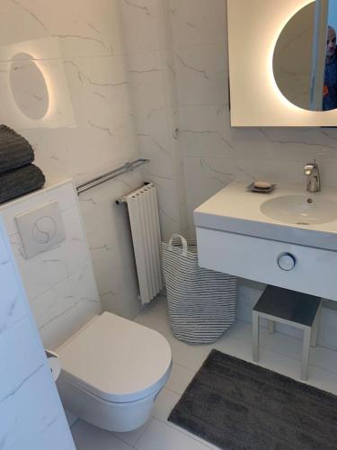 une salle de bain blanche avec des toilettes et un lavabo dans l'établissement High class Apartment Paris 15, à Paris