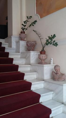 a group of stairs with plants in vases at Exis Hotel in Athens
