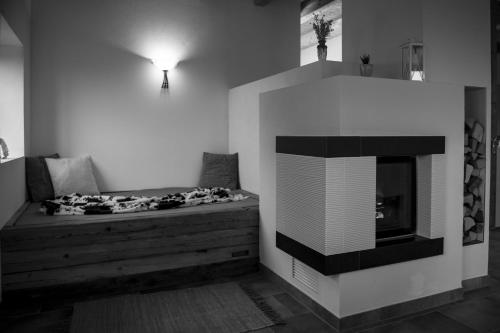 a living room with a bed with a fireplace at Liebe zur Steiermark / Haus Tyrol in Jagerberg