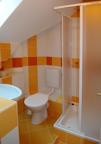 a small bathroom with a toilet and a shower at 4 Évszak Apartman in Gyula