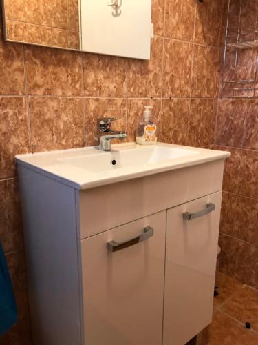 a bathroom with a white sink and a mirror at Villa Danmarie in Vinišće