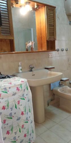 ein Bad mit einem Waschbecken, einem Bett und einem Spiegel in der Unterkunft Michela Home in Camposano