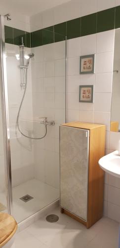 a shower with a glass door in a bathroom at El Cantil in Isla Cristina